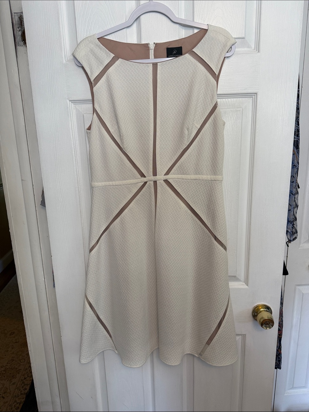 Adrianna Papell Cream Midi Dress with Tan Trim Accents